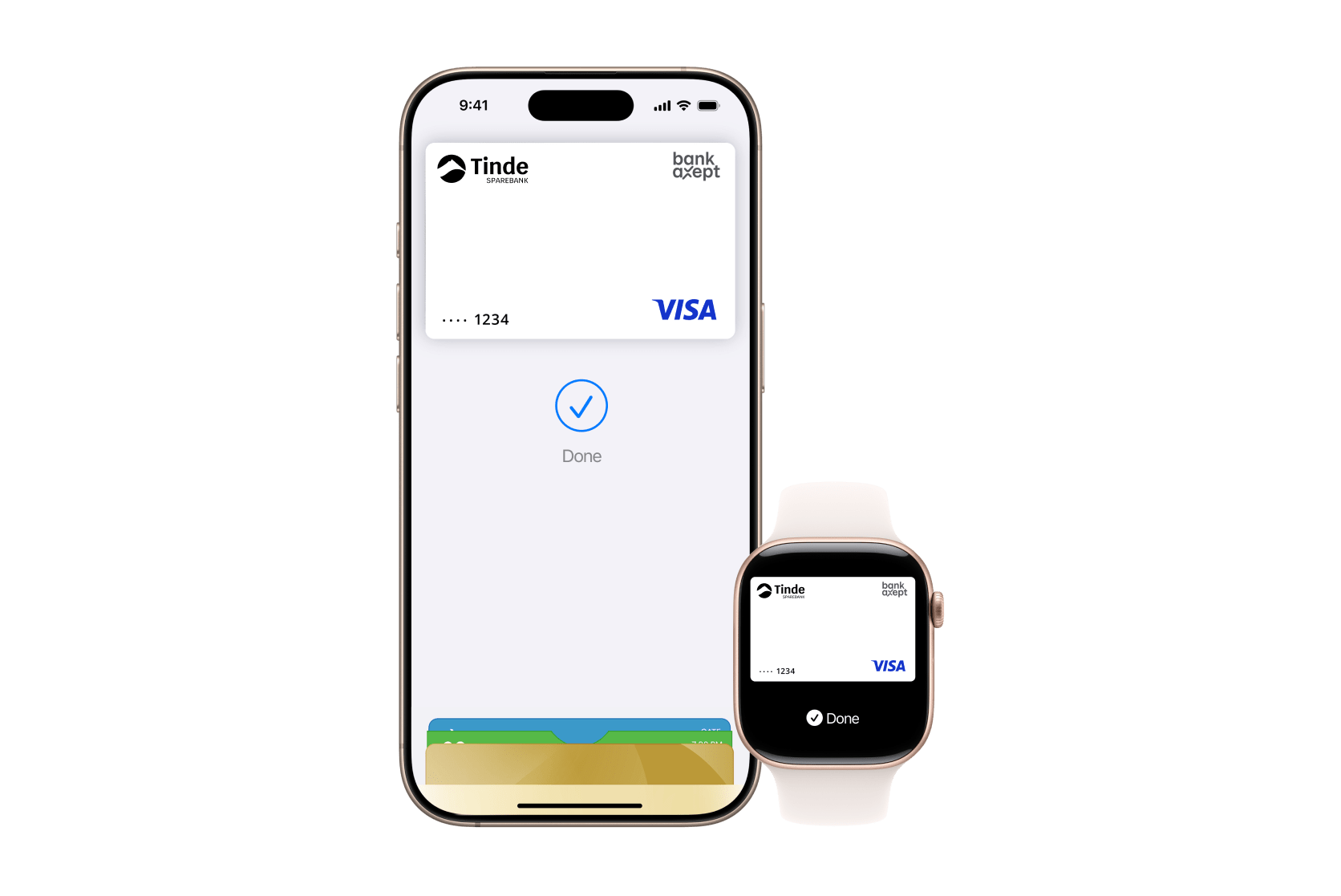 iPhone og Apple Watch viser et digitalt betalingskort med teksten 'Done' som bekrefter en fullført betaling.