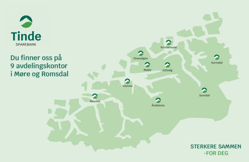 Kart over Tinde Sparebank sine lokaler